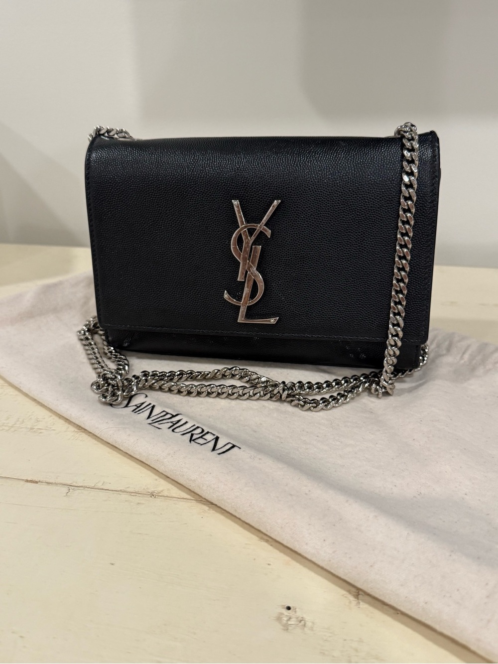 Saint Laurent Black Leather Logo Chain Crossbody